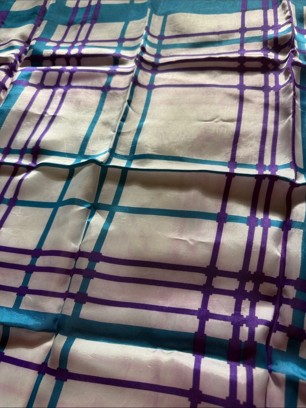 Silk-Feel Plaid Scarf in Teal, Purple & White